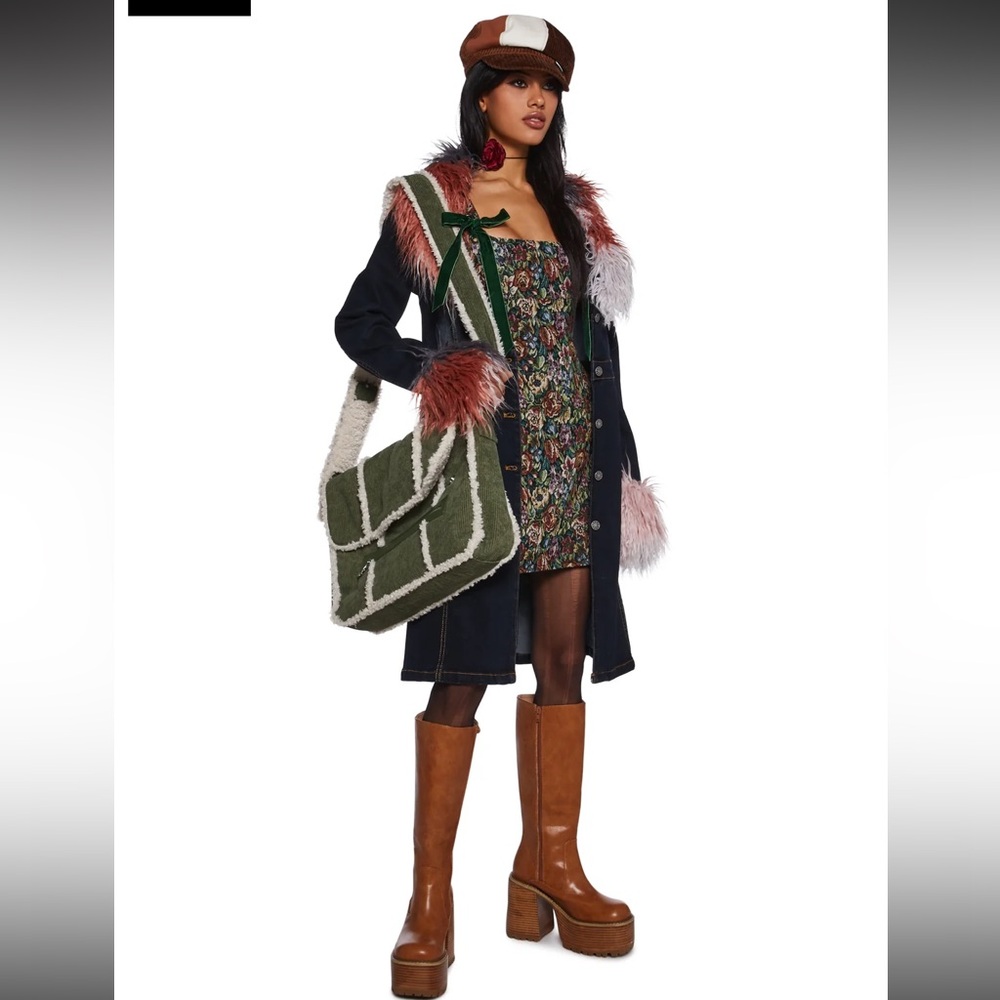 Dolls Kill Floral Tapestry Mini Dress with Green Velvet Ties - Picture 6 of 16